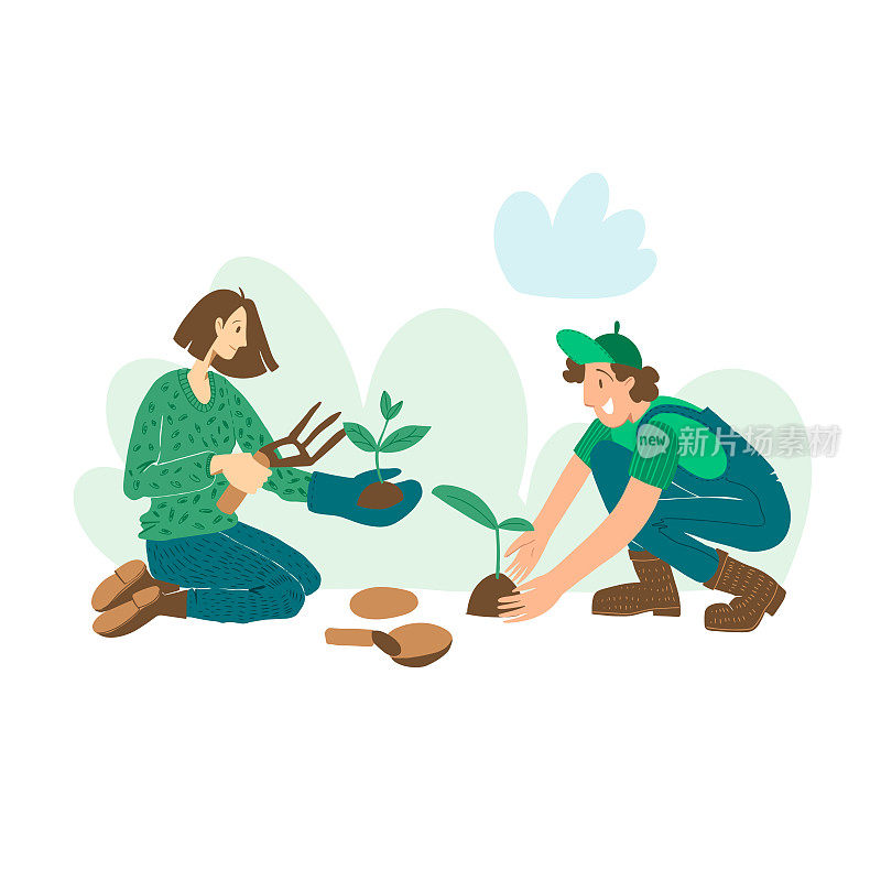 People are planting plants, gardening. Set of vector flat hand drawn illustrations of people doing garden job - planting, growing and transplant sprouts, self-sufficiency concept.